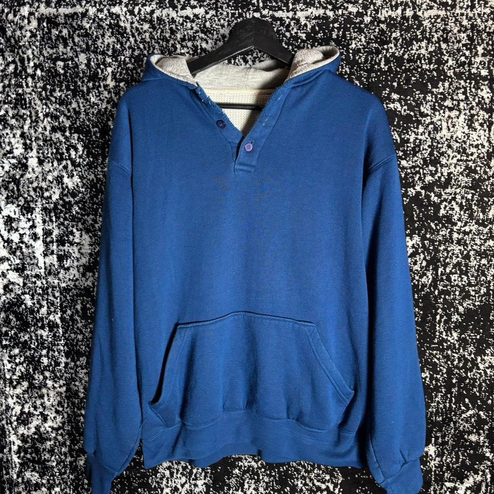 Vintage 60s 70s Double Face Thermal Lined Quarter Button Blue Hoodie